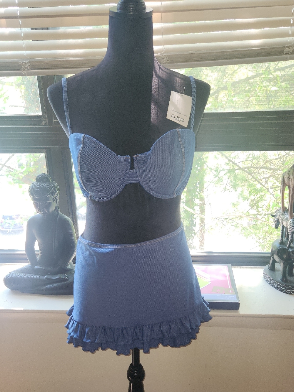 Denim Blue Ruffled Skirt & Bra Set - Women Intimates